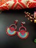 E0500_ Classy crafted earrings with beautiful art work pattern and with a touch of bright red stones and beads(medium size hanging)