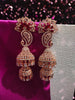 E0871_Ravishing grand layered peacock design rose gold jumkas with delicate stone work with a touch of red stone.