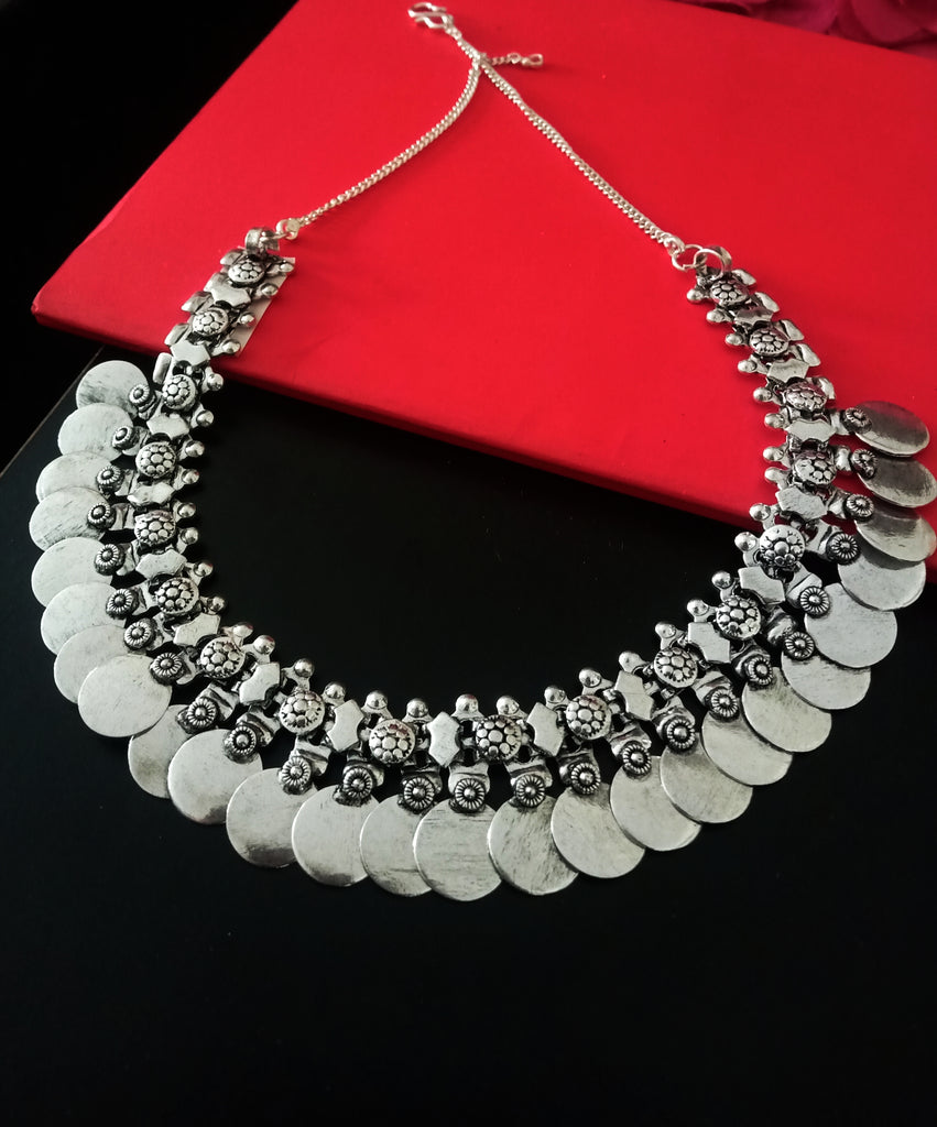 N0214_Classic German Silver Oxidized Coin necklace with shiny