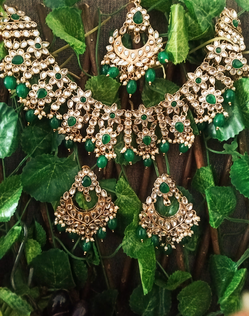 3 Piece with the Finest Quality Kundan Choker Set with Green Beads and –