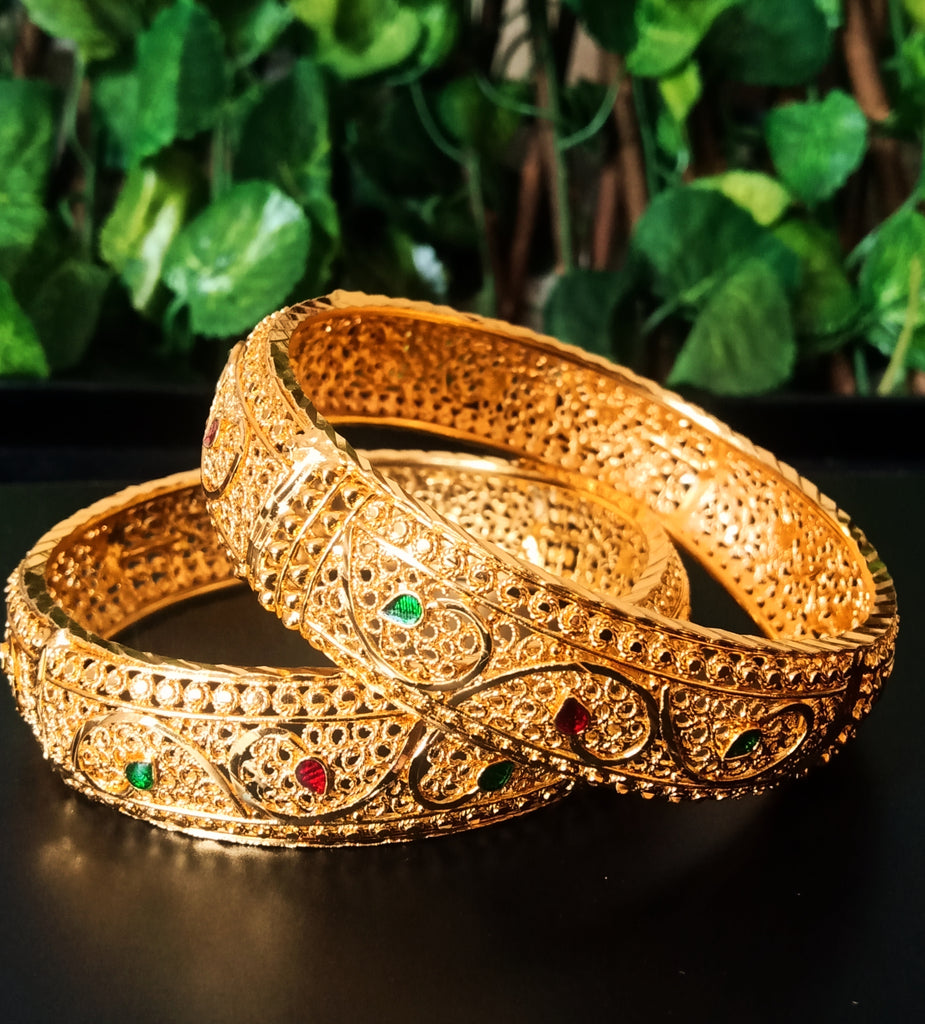 B0169 Gorgeous Crafted Gold plated bangles with delicate designs with a touch of stones