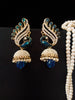 E0654_Gorgeous Crafted peacock design bead work jumkas embellished with stones with a touch of blue bead drop.