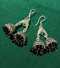 E0696_Classy german silver oxidized twin jumkas with delicate craft work with a touch of black bead drops.