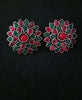 E0741_Classy german silver oxidized studs with delicate patterns with a touch of green and pink stones.