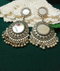 E0740_Classy german silver oxidized mirror work earrings with delicate patterns with a touch of bead drops.