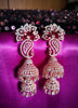 E0871_Ravishing grand layered peacock design rose gold jumkas with delicate stone work with a touch of red stone.