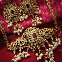 N03052_ Grand classic matte gold polished temple jewelry choker style crafted design gold plated necklace set embellished with red stones .