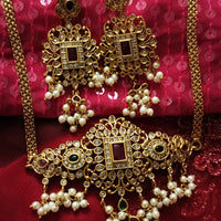 N03052_ Grand classic matte gold polished temple jewelry choker style crafted design gold plated necklace set embellished with red stones .