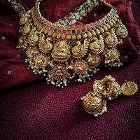 N05002_ Grand classic matte gold polished temple jewelry choker style crafted gold plated necklace set embellished with stones .