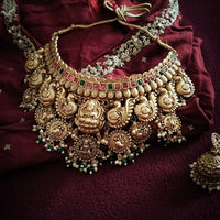N05002_ Grand classic matte gold polished temple jewelry choker style crafted gold plated necklace set embellished with stones .