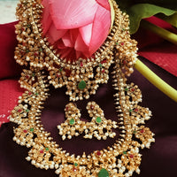 N05007_ Grand classic matte gold polished temple jewelry bridal choker+ long necklace +earrings style crafted gold plated necklace set embellished with stones .