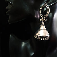 Silver oxidized earrings in Jumki pattern and exclusive silver work with black stone for a stunning and stylish look.