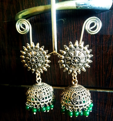 E0446_Gorgeous German silver oxidized jumka with delicate craft work with a touch of green beads (medium size)