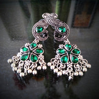 E0395_Gorgeous  peacock design danglers studded with green stones & with a touch of bead drops (long hangings).