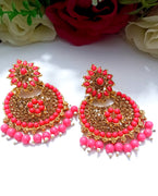 E0450_Gorgeous shiny dangler studded with golden stones with a touch of pink beads(medium size hanging)