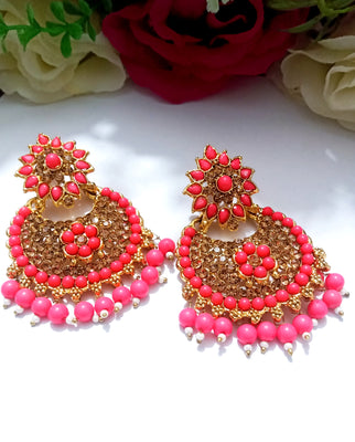 E0450_Gorgeous shiny dangler studded with golden stones with a touch of pink beads(medium size hanging)