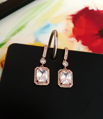E0458_Gorgeous Rose Gold plated American Diamond studded earring (ear drop hanging)