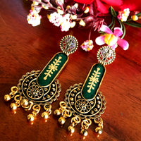 E0438_Trendy Glossy German silver oxidized ear drop hanging with floral patterns and with a touch of golden color beads (ear drop hanging)
