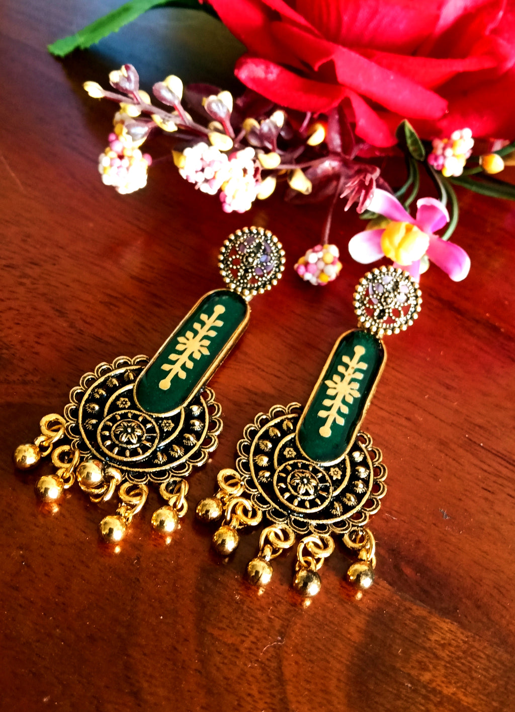 E0438_Trendy Glossy German silver oxidized ear drop hanging with floral patterns and with a touch of golden color beads (ear drop hanging)