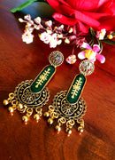 E0438_Trendy Glossy German silver oxidized ear drop hanging with floral patterns and with a touch of golden color beads (ear drop hanging)
