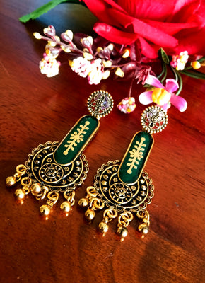 E0438_Trendy Glossy German silver oxidized ear drop hanging with floral patterns and with a touch of golden color beads (ear drop hanging)