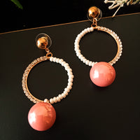 E0471_Glossy bead hoop earring with a touch of stones(medium size)