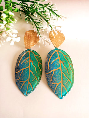 E0439_Trendy teal and golden color leafy pattern ear drop hanging (medium size)