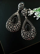 E0480_Classy German silver oxidized tear drop danglers with delicate art work with a touch of dazzling stones(long hangings)