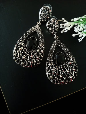 E0480_Classy German silver oxidized tear drop danglers with delicate art work with a touch of dazzling stones(long hangings)