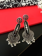 E0484_Gorgeous German silver oxidized earring with delicate art work of beautiful patterns and with a touch of bead drops(ear drop hanging)