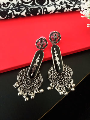 E0484_Gorgeous German silver oxidized earring with delicate art work of beautiful patterns and with a touch of bead drops(ear drop hanging)