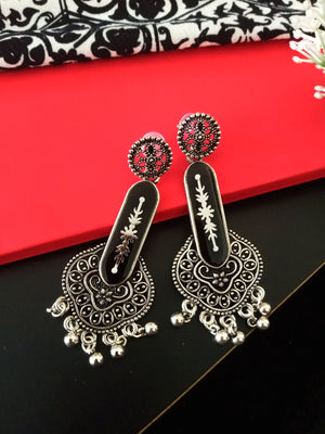 E0484_Gorgeous German silver oxidized earring with delicate art work of beautiful patterns and with a touch of bead drops(ear drop hanging)