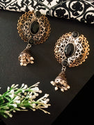 E0486_Gorgeous German silver oxidized earring studded with shiny black stones with a jumka drop along with pearl drops(medium size hanging)
