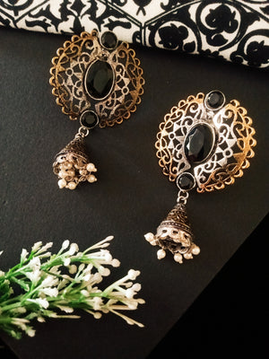 E0486_Gorgeous German silver oxidized earring studded with shiny black stones with a jumka drop along with pearl drops(medium size hanging)
