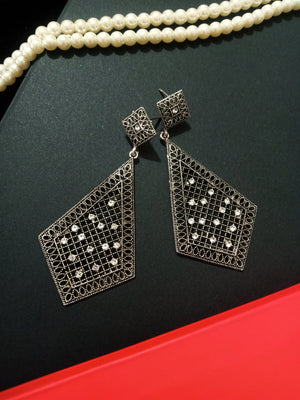 E0492_Gorgeous diamond shaped earring with delicate craft work studded with shiny stones(long hanging)