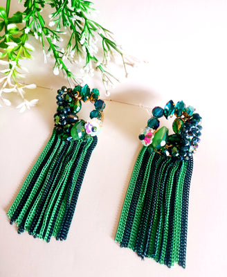 E0440_Trendy dual tone green shade tassel chain drop statement danglers with a touch of shiny stones.