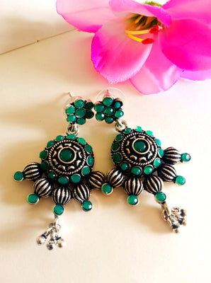 E0442_Gorgeous German silver oxidized earrings with a touch of green stones and bead drops (medium size)