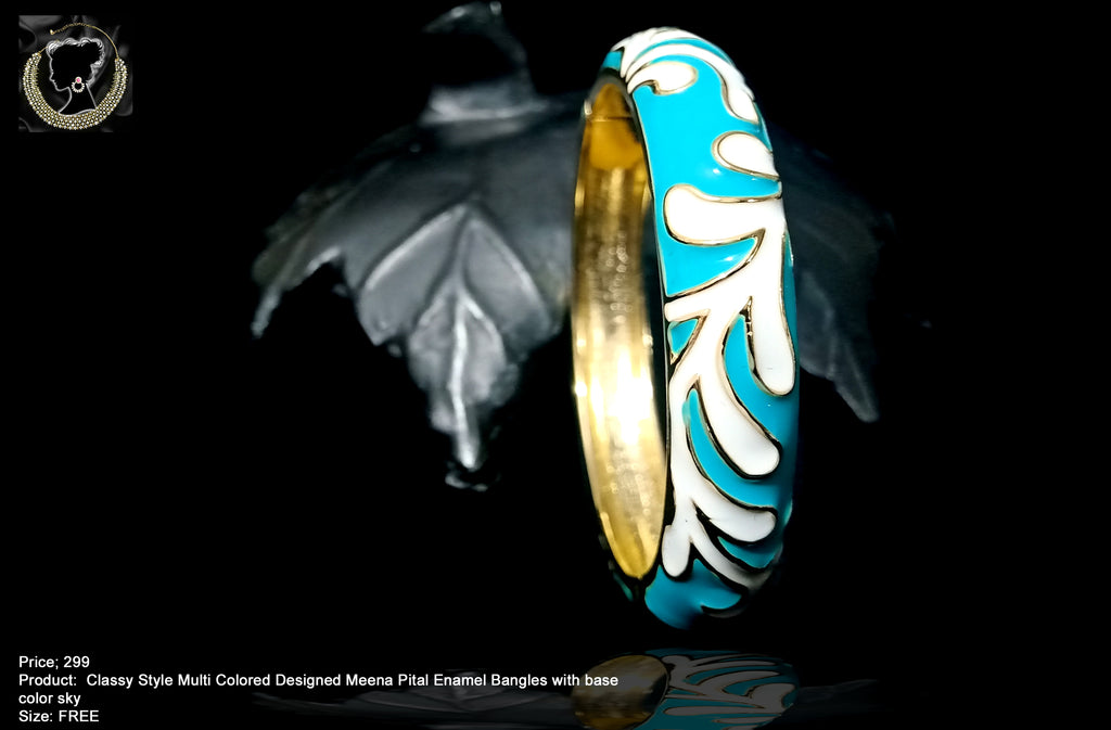 B012_Classy Style Sky & white  Colored Designed Meena Pital Enamel Bangles with base color Golden(Free Size)