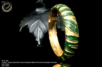 B08_Classy Style Light green & dark green Colored Designed Meena Pital Enamel Bangles with base color Golden(Free Size)