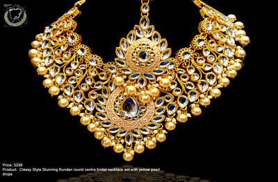 BN03_Classy Style Stunning Kundan round centre bridal necklace set with yellow pearl drops