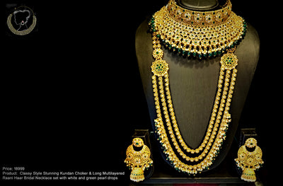 BN04_Classy Style Stunning Kundan Choker & Long Multilayered  Raani Haar Bridal Necklace set with white and green pearl drops