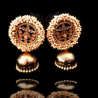 E0114_Classy golden colored earring with delicate work of pearl & peach colored semi precious stones and  Meenakari work.