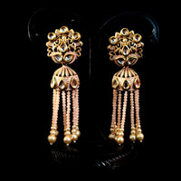 E0134_Classy crystal chain drop jumkas with delicate kundan work.