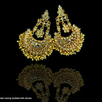 E18_Sparkling Golden colored AD stone crafted earrings with elegant Meenakari work.