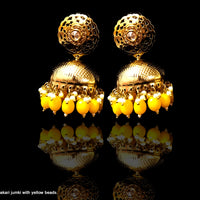 E020_Glossy golden colored high quality & light weight large jumka earring with delicate work of yellow colored beads and  Meenakari work.