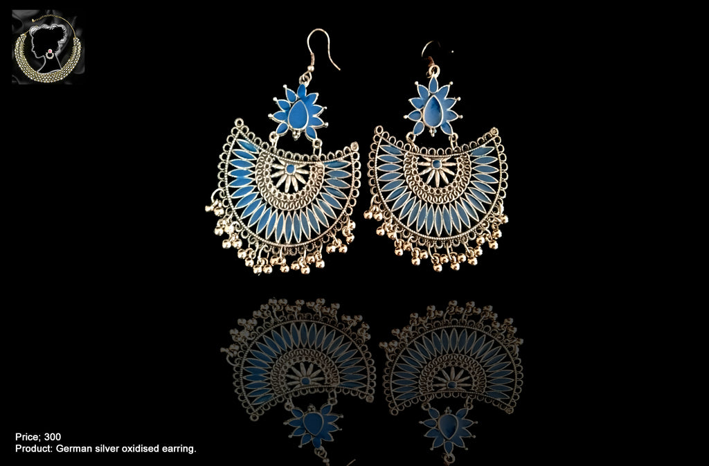 E028_Classy silver & royal blue colored crafted earring with delicate work of small silver balls