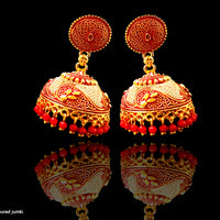 E051_Classy golden & red colored crafted earring with delicate work of red pearl