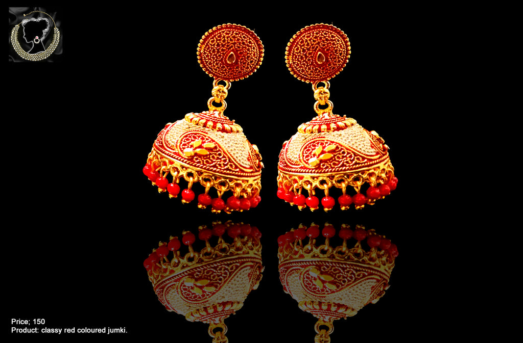 E051_Classy golden & red colored crafted earring with delicate work of red pearl