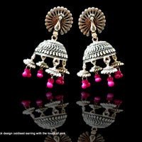 E053_Classy silver oxidized crafted earring with delicate work of pink balls