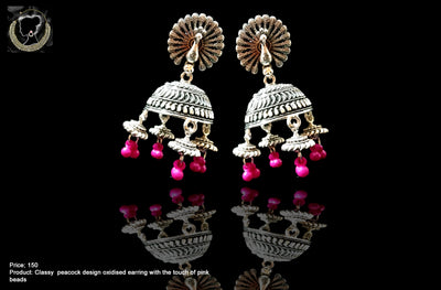 E053_Classy silver oxidized crafted earring with delicate work of pink balls